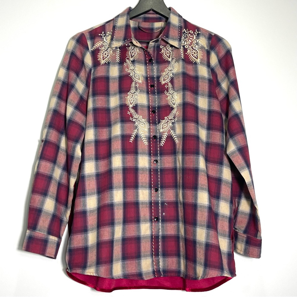 PAPARAZZI Women's Plaid Flannel Embriodered Red Velvet Shirt ✔️Measurements Size